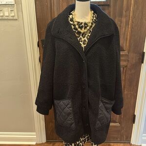 LOFT Black Faux Fur Jacket with Black Quilted Pockets & Backside of Jacket